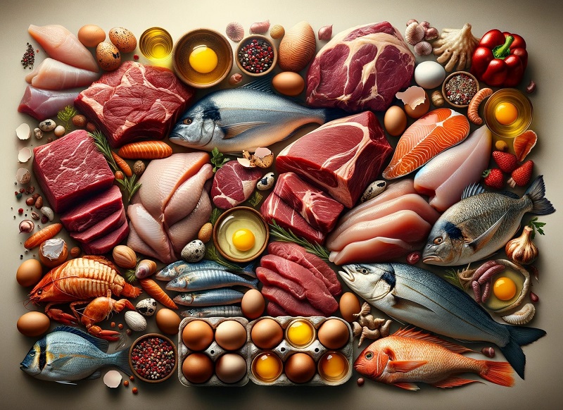 Beef, chicken, eggs, fish, and seafood are food types rich in amino acids.