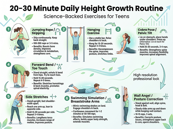 Infographic showing 7 best daily exercises to increase height for teens aged 12-18. Includes a 20-30 minute science-backed height growth routine with clear illustrations: Jumping Rope, Hanging Exercise, Cobra Pose, Forward Bend, Side Stretches, Swimming Simulation, and Wall Angel posture correction. Each exercise includes instructions, recommended reps, and benefits.