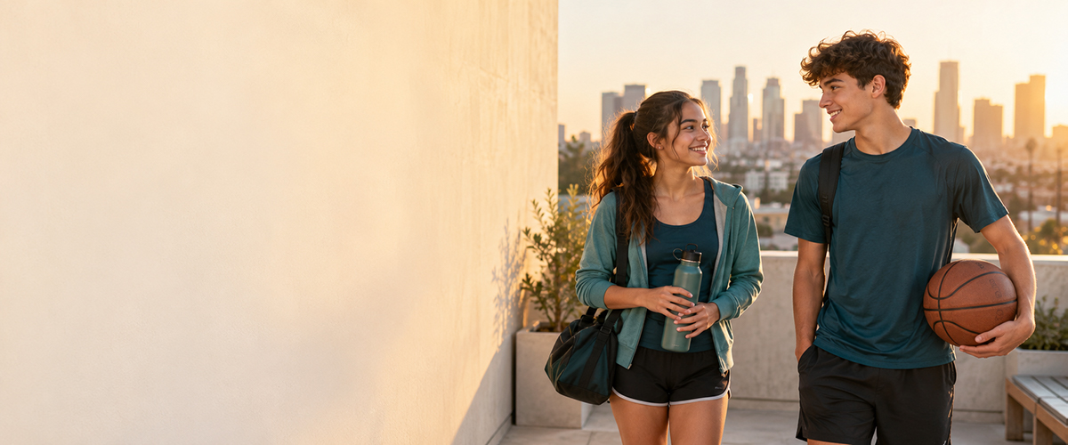 Two confident teenagers standing tall and talking outdoors in warm sunlight